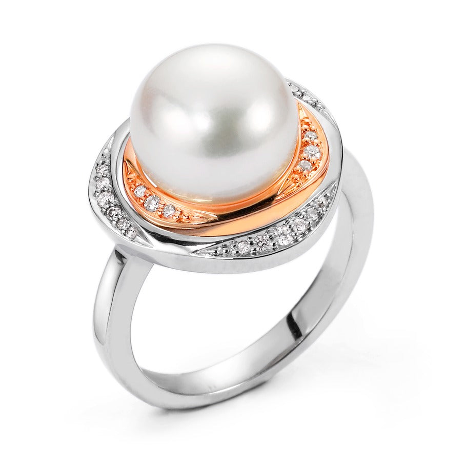 Bague Or blanc 18K, Or rouge 18K Diamant 0.115 ct, 23 Pierres, w-si perle d'eau douce blanc 10-11 mm