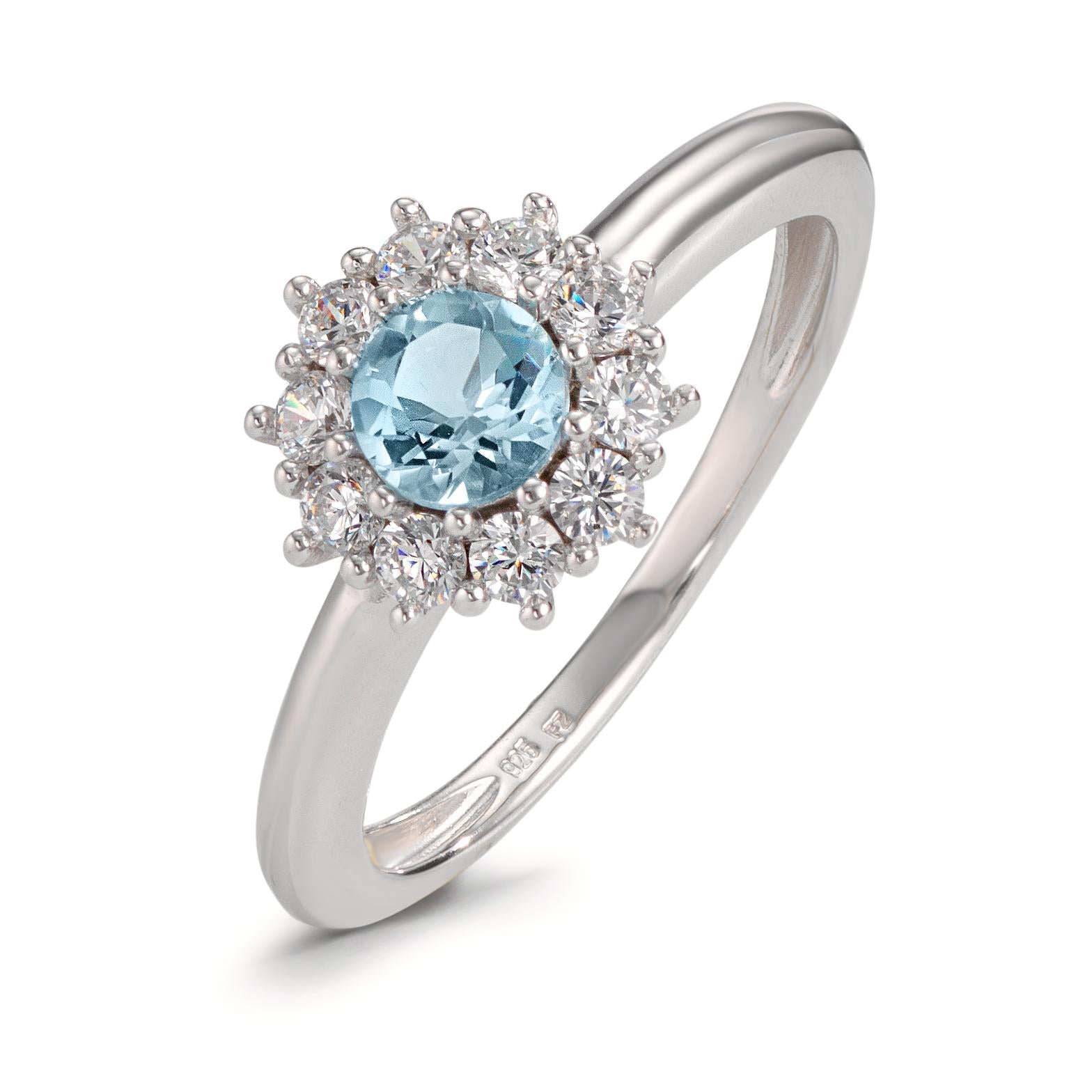 Bague En Argent Rhodié 925 - Sertie D'un Zirconium Cubique Topaze Irisée Et De Deux Pierres - Taille 56 - Occasion