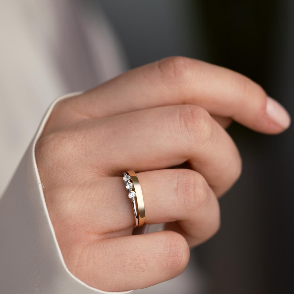 Bague Or jaune 9K, Or blanc 9K Zircone 3 Pierres Bicolore