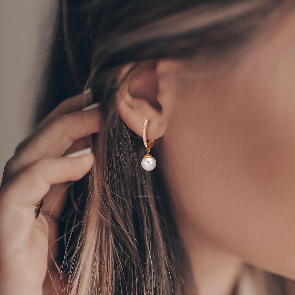 Créoles à charnières Or rouge 18K Diamant 0.09 ct, 22 Pierres, tw-si perle Akoya, 2 Perles 6-6.5 mm