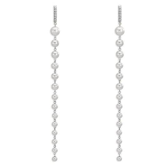 Créoles à charnières Or blanc 18K Diamant 0.12 ct, 12 Pierres, tw-si perle d'eau douce, 28 Perles