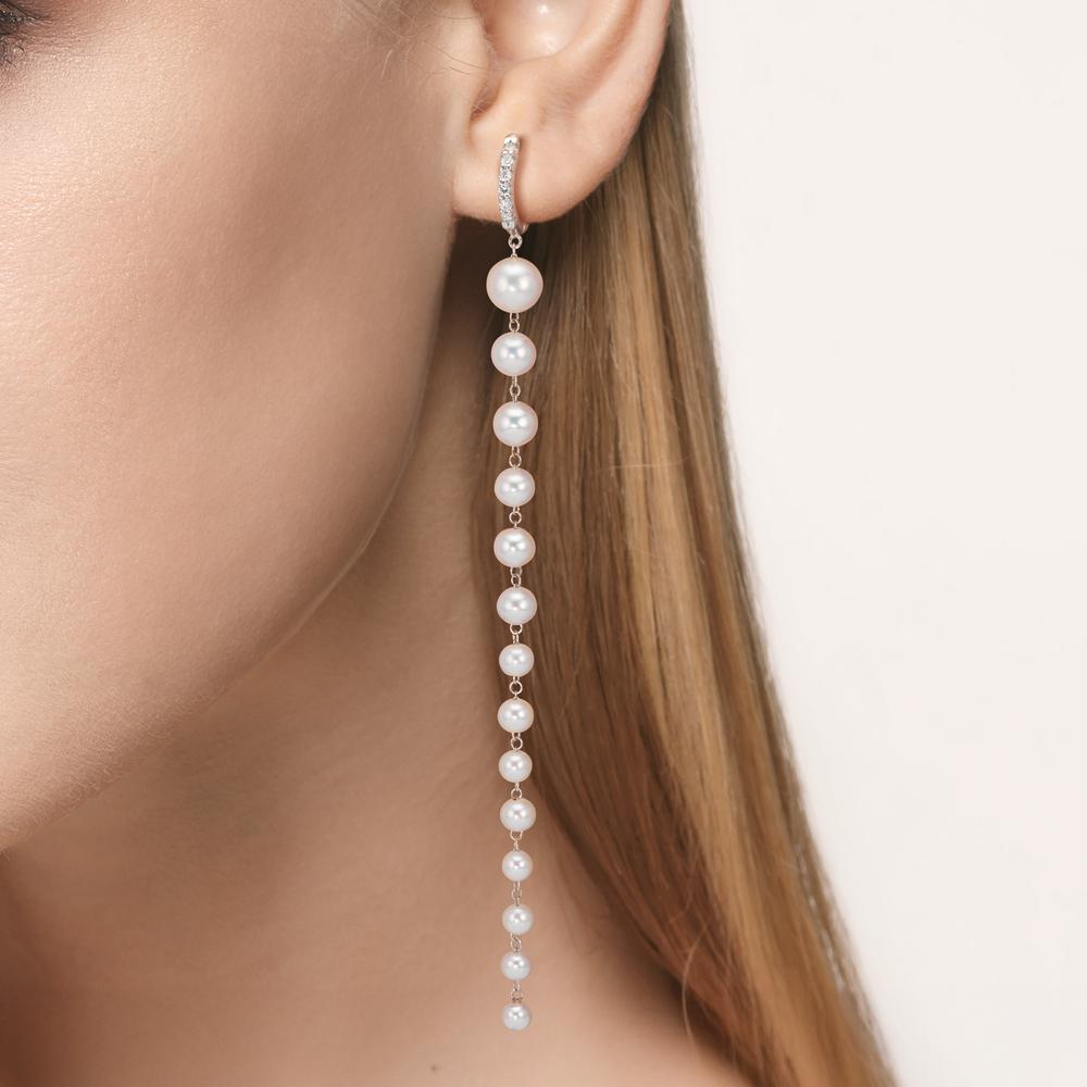 Créoles à charnières Or blanc 18K Diamant 0.12 ct, 12 Pierres, tw-si perle d'eau douce, 28 Perles