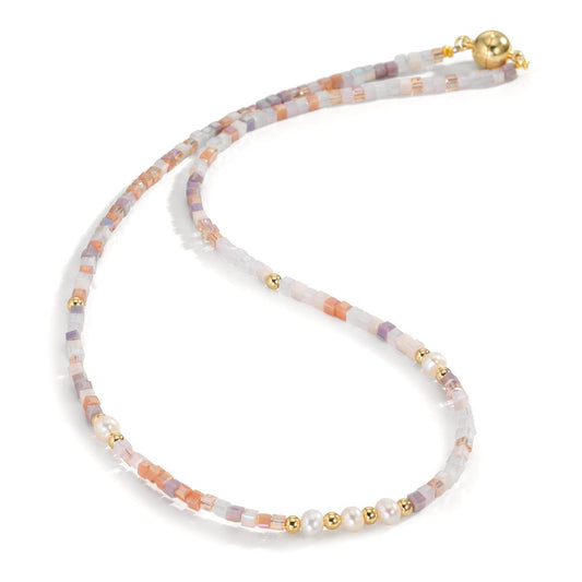 Collier Acier inoxydable Cristal rose jaune PVD perle d'eau douce, 5 Perles 4-4.5 mm 43 cm