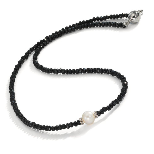 Collier Acier inoxydable Cristal noir perle d'eau douce 6.5-7 mm 43 cm