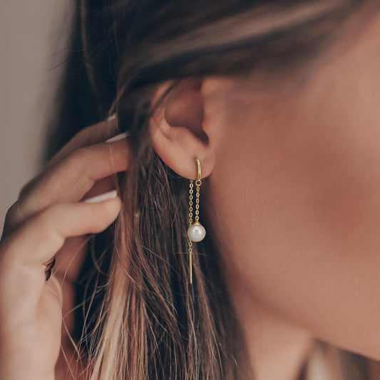 Boucles d'oreilles pendantes Or jaune 9K perle d'eau douce, 2 Perles 5-5.5 mm