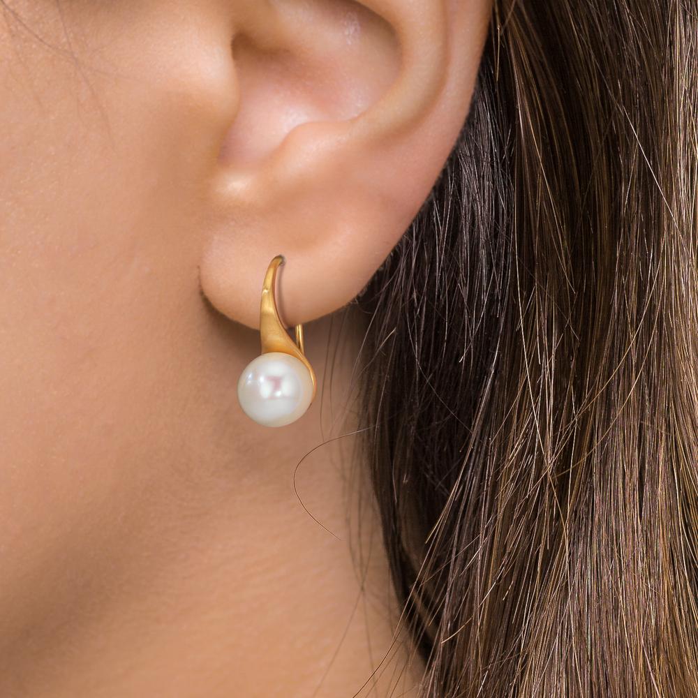 Pendant d'oreilles Or jaune 9K perle d'eau douce, 2 Perles, 8 mm