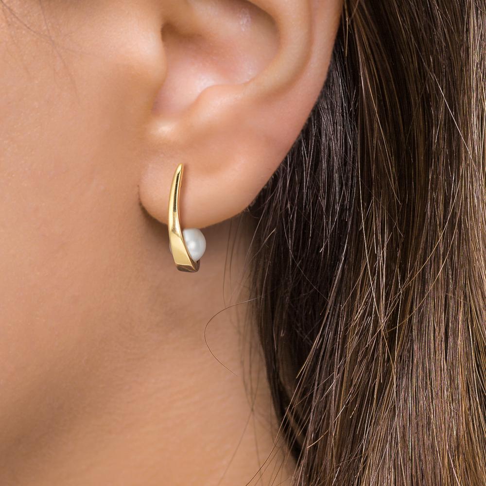 Créoles à charnières Or jaune 18K perle d'eau douce, 2 Perles 6-6.5 mm