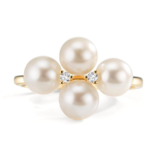 Bague Or jaune 18K Diamant 0.30 ct, 2 Pierres, w-si perle d'eau douce, 4 Perles 5.5-6 mm