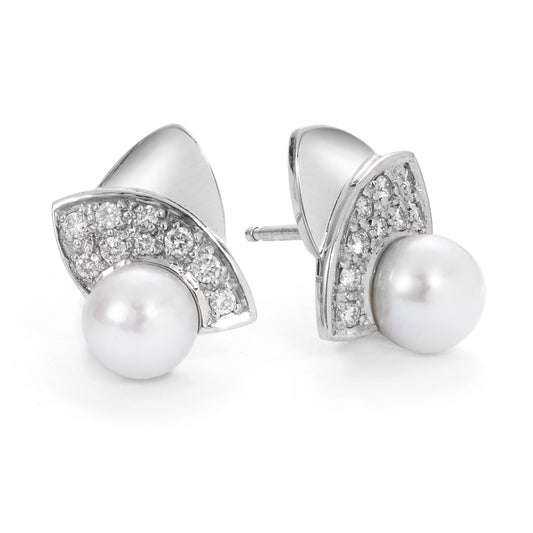 Clous d'oreilles Or blanc 18K Diamant 0.30 ct, 18 Pierres, w-si perle d'eau douce blanc