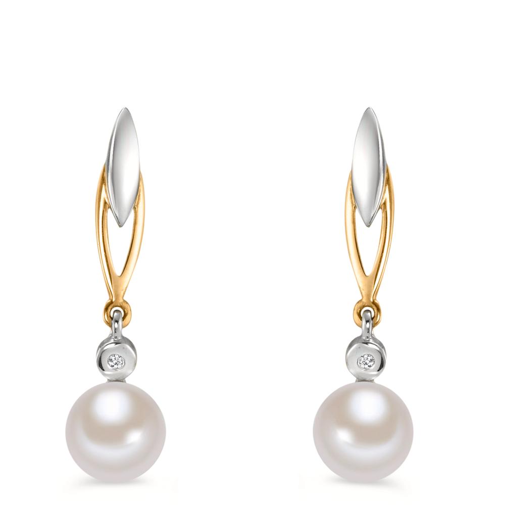 Pendant d'oreilles Or jaune 9K Diamant 0.01 ct, 2 Pierres, w-si perle d'eau douce blanc, 2 Perles 6-6.5 mm