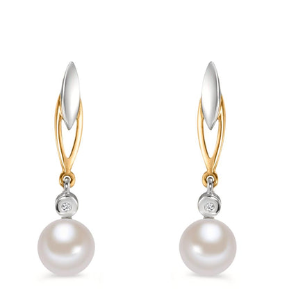 Pendant d'oreilles Or jaune 9K Diamant 0.01 ct, 2 Pierres, w-si perle d'eau douce blanc, 2 Perles 6-6.5 mm