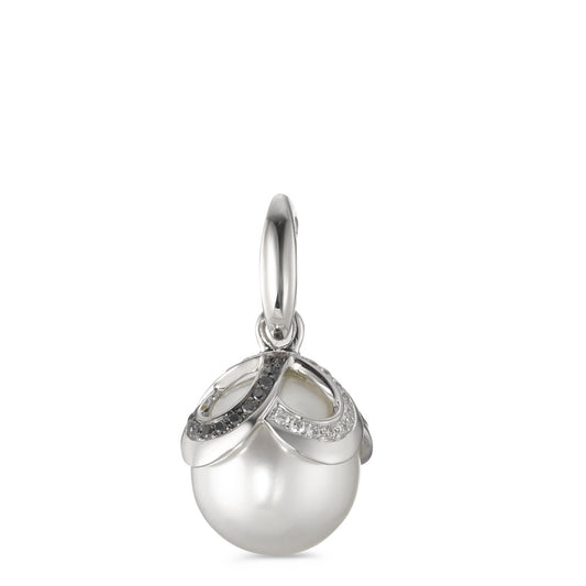 Pendentif Or blanc 18K Diamant noir, 0.28 ct, 46 Pierres, brillant, tw-vsi perle d'eau douce blanc, 12 mm Ø14 mm