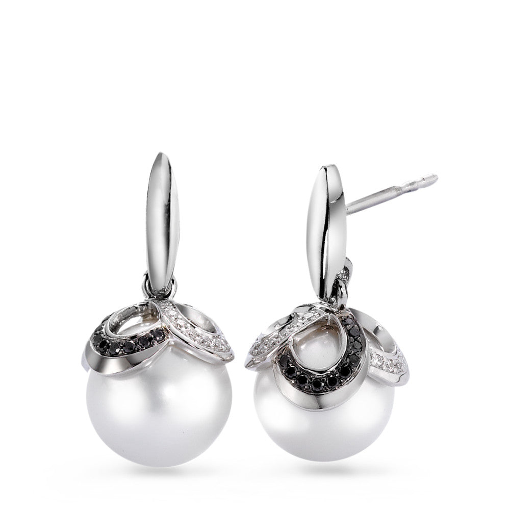 Pendant d'oreilles Or blanc 18K Diamant noir, 0.32 ct, 80 Pierres, brillant, tw-vsi perle d'eau douce blanc, 2 Perles, 10 mm
