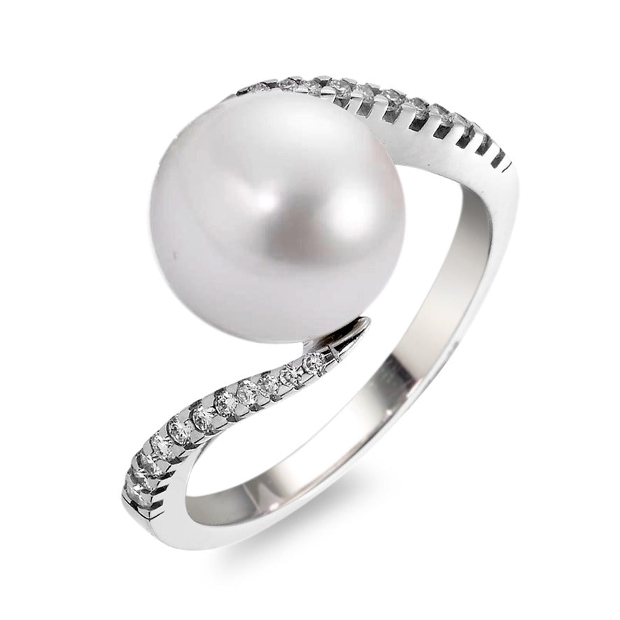 Bague Or blanc 18K Diamant blanc, 0.15 ct, 22 Pierres, brillant, w-si perle d'eau douce, 22 Perles, 9.5 mm