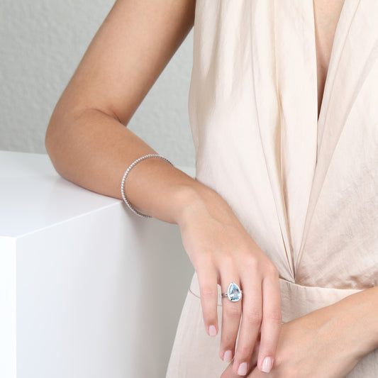 Bague Or blanc 18K Topaze, Diamant 0.15 ct, 30 Pierres, brillant, w-si