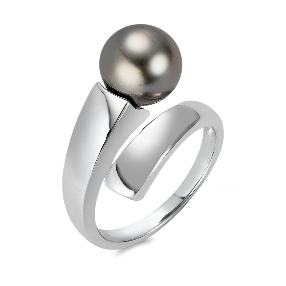 Bague Or blanc 18K perle de Tahiti gris, 9.5 mm