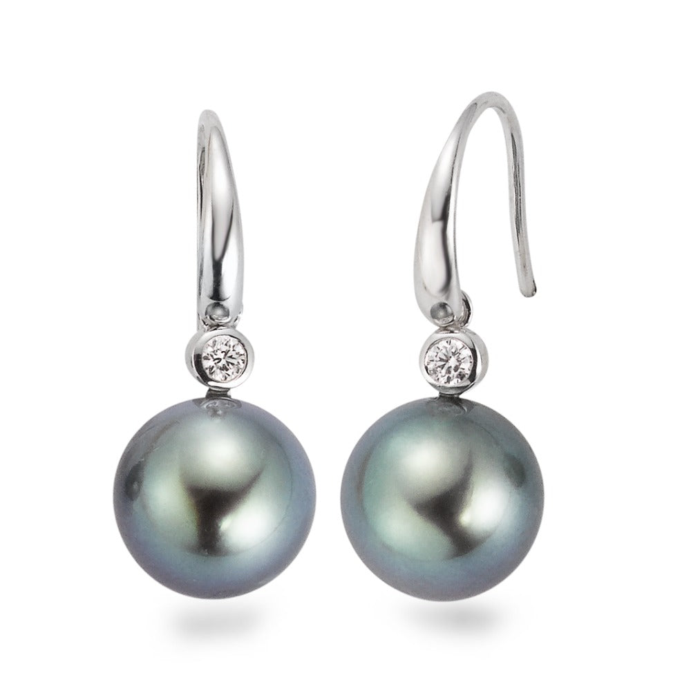 Pendant d'oreilles Or blanc 18K Diamant 0.09 ct, 2 Pierres, w-si perle de Tahiti gris, 2 Perles, 10 mm
