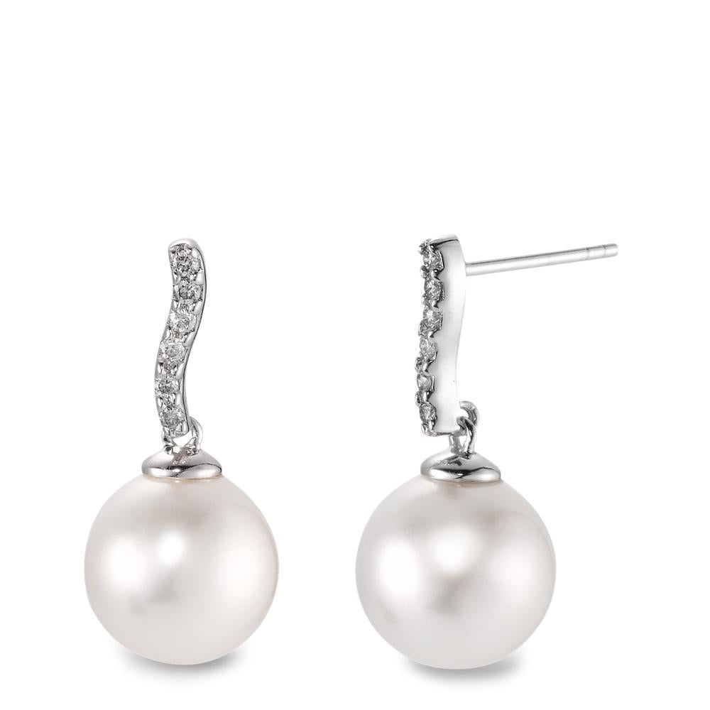 Pendant d'oreilles Or blanc 18K Diamant 0.13 ct, w-si perle d'eau douce, 12 Perles, 10 mm