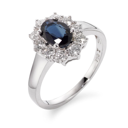 Bague Or blanc 18K Saphir bleu, 0.88 ct, Diamant 0.555 ct, 10 Pierres, w-si