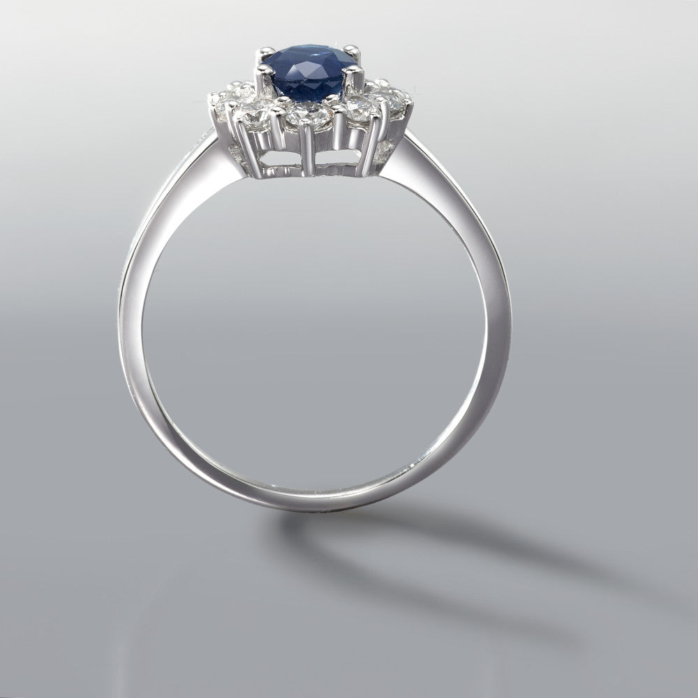 Bague Or blanc 18K Saphir bleu, 0.88 ct, Diamant 0.555 ct, 10 Pierres, w-si