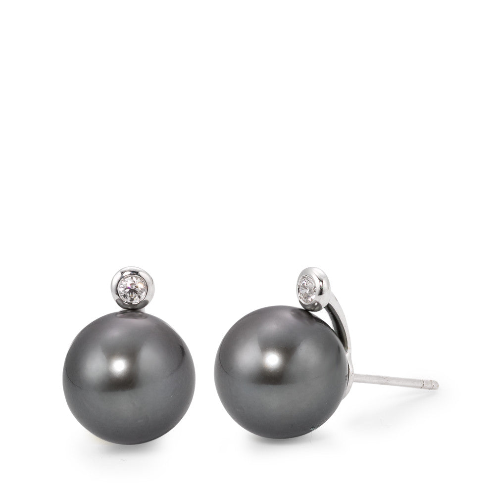 Clous d'oreilles Or blanc 18K Diamant 0.09 ct, 2 Pierres, w-si perle de Tahiti gris, 2 Perles, 12 mm