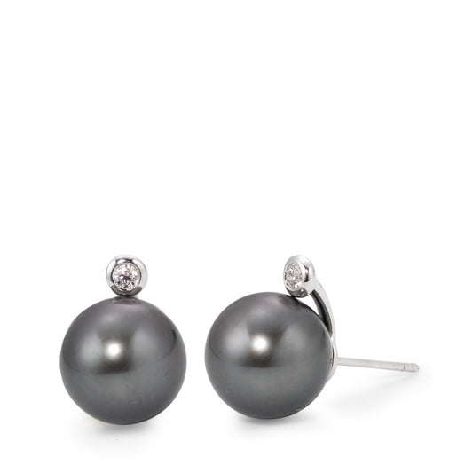 Clous d'oreilles Or blanc 18K Diamant 0.09 ct, 2 Pierres, w-si perle de Tahiti gris, 2 Perles, 12 mm