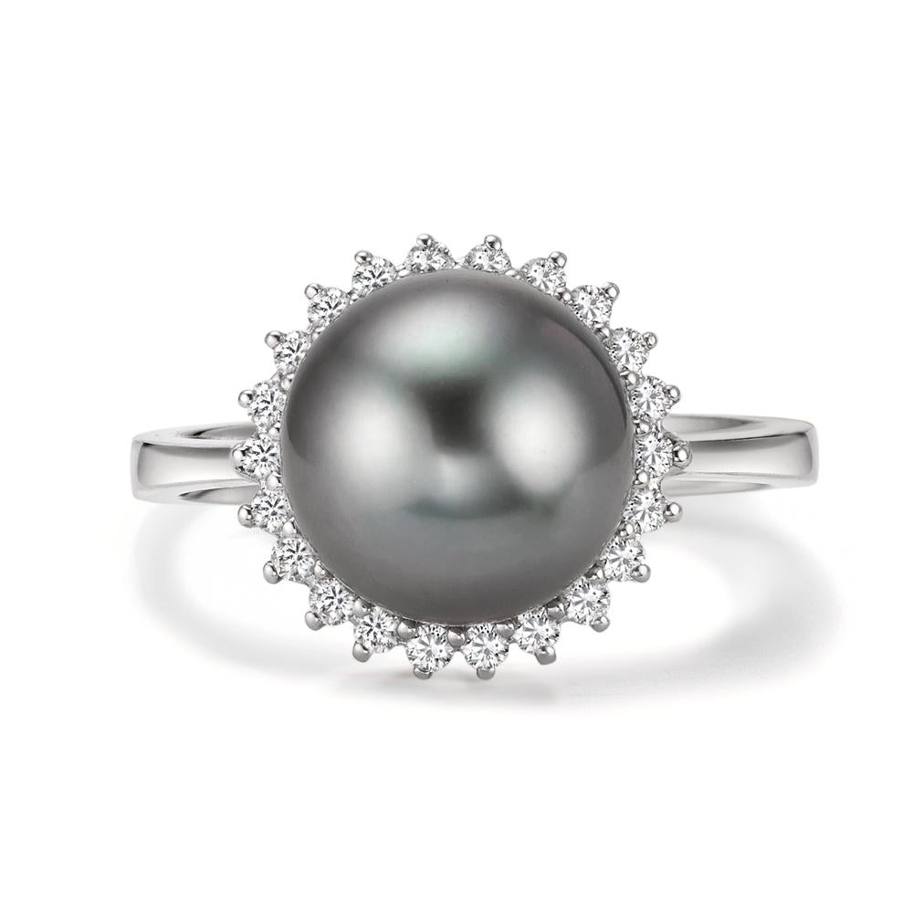 Bague Or blanc 18K Diamant 0.27 ct, 22 Pierres, w-si perle de Tahiti gris, 10 mm