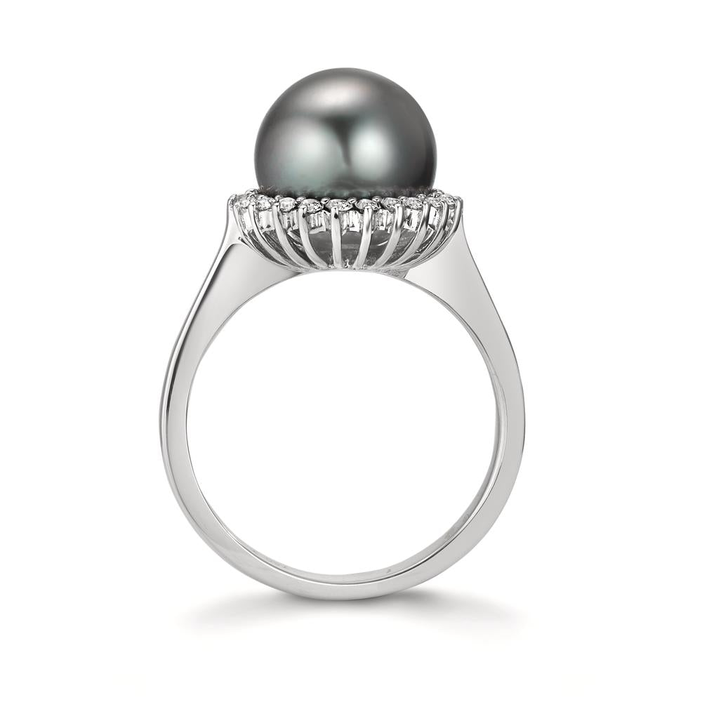 Bague Or blanc 18K Diamant 0.27 ct, 22 Pierres, w-si perle de Tahiti gris, 10 mm