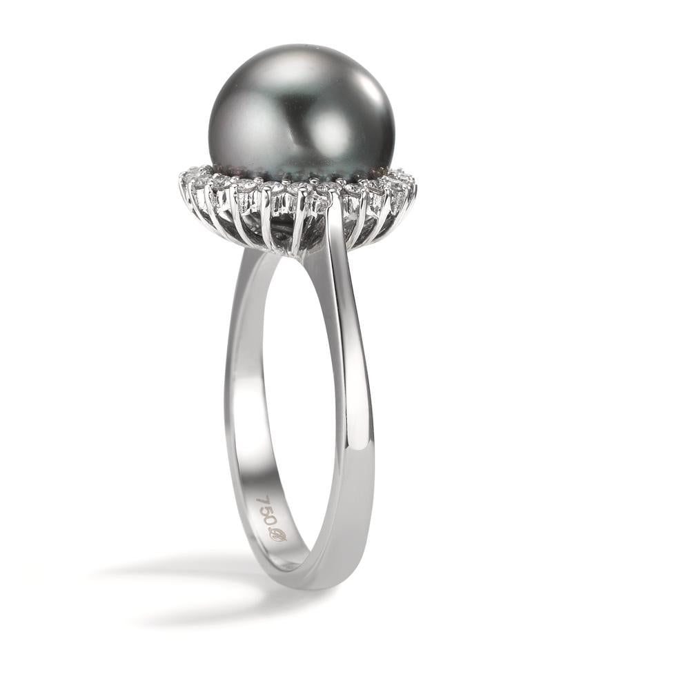 Bague Or blanc 18K Diamant 0.27 ct, 22 Pierres, w-si perle de Tahiti gris, 10 mm