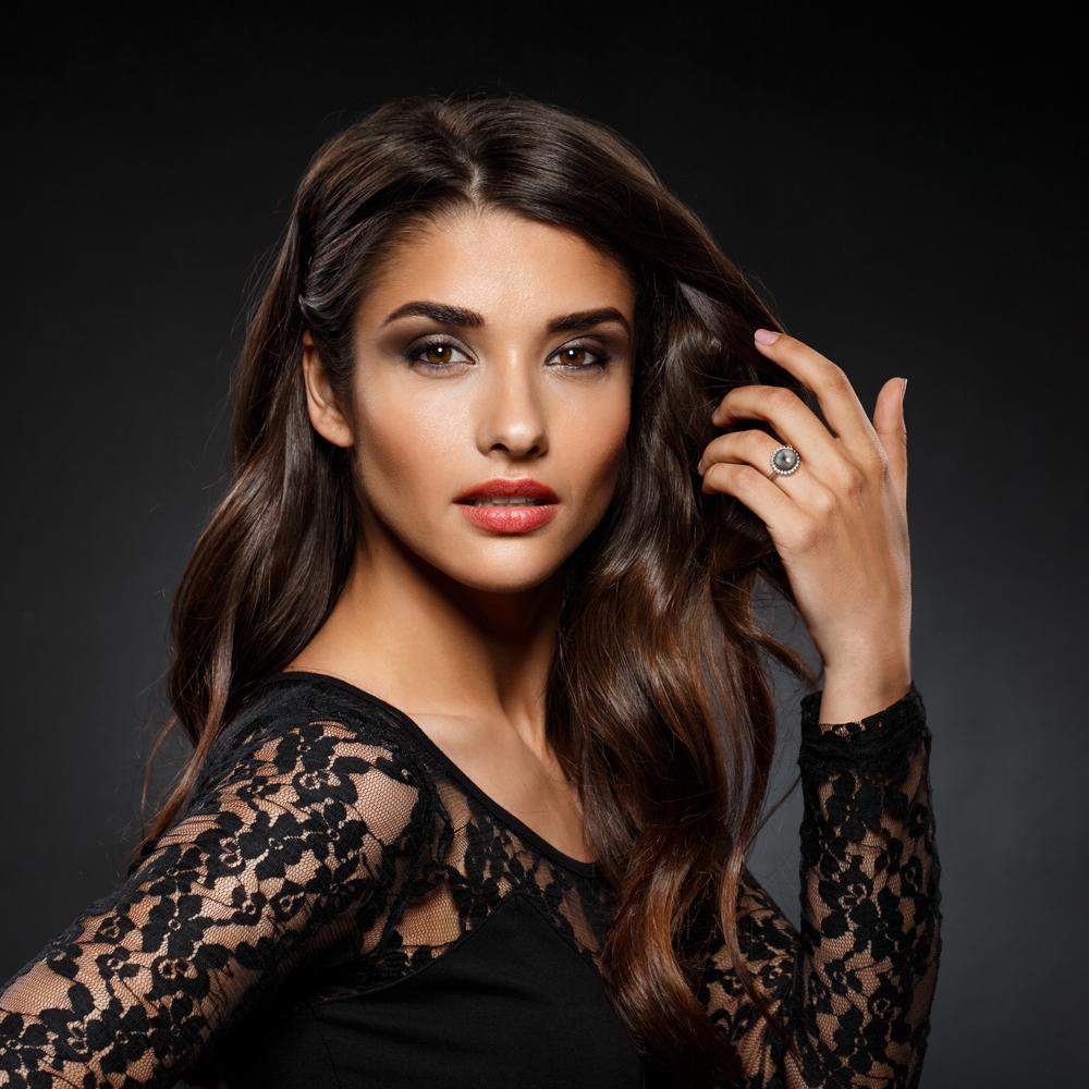 Bague Or blanc 18K Diamant 0.27 ct, 22 Pierres, w-si perle de Tahiti gris, 10 mm