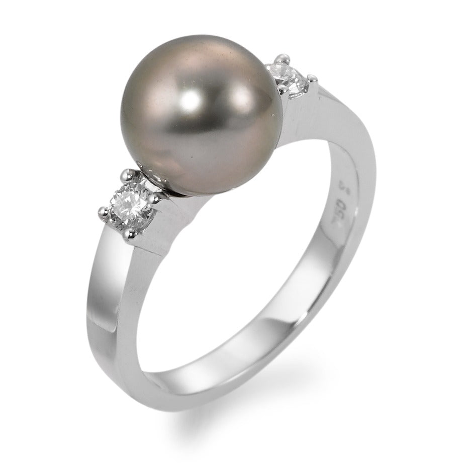 Bague Or blanc 18K Diamant 0.20 ct, 2 Pierres, w-si perle de Tahiti, 9.5 mm