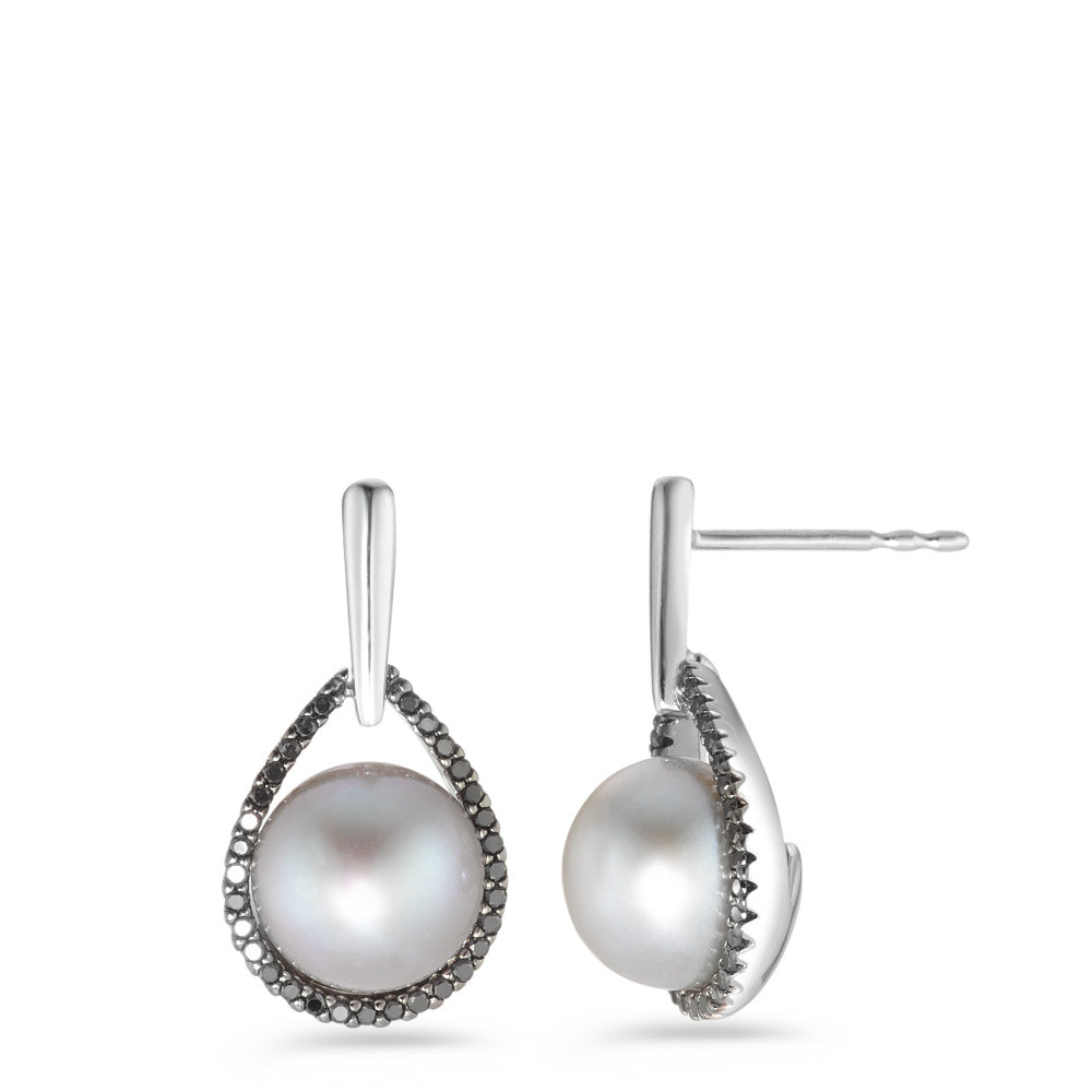 Pendant d'oreilles Or blanc 18K Diamant noir, 0.24 ct, 62 Pierres, octogonal perle d'eau douce blanc, 2 Perles, 8.5 mm