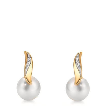 Clous d'oreilles Or jaune 18K Diamant blanc, 0.10 ct, 2 Pierres, brillant, w-si perle d'eau douce blanc, 2 Perles, 7 mm
