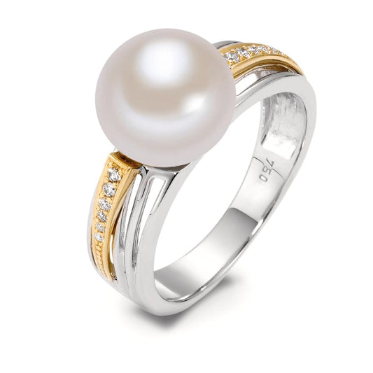 Bague Or jaune 18K, Or blanc 18K Diamant blanc, 0.06 ct, 12 Pierres, brillant, w-si perle d'eau douce blanc 9.5-10 mm