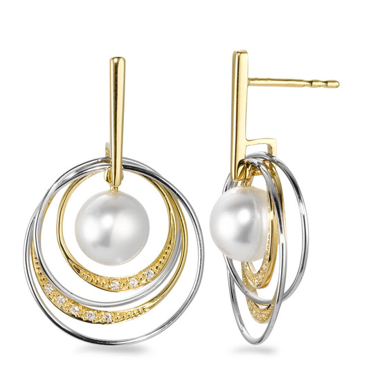 Pendant d'oreilles Or jaune 18K, Or blanc 18K Diamant blanc, 0.05 ct, 16 Pierres, brillant, w-si perle d'eau douce, 7.5 mm