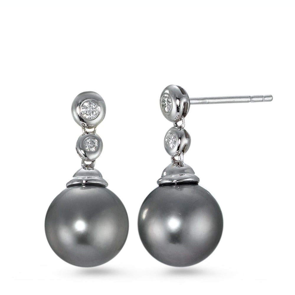 Pendant d'oreilles Or blanc 18K Diamant 0.09 ct, 4 Pierres, w-si perle de Tahiti gris, 2 Perles, 10 mm