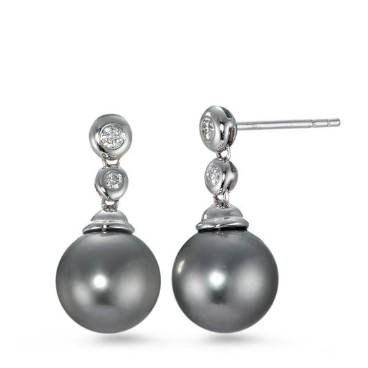 Pendant d'oreilles Or blanc 18K Diamant 0.09 ct, 4 Pierres, w-si perle de Tahiti gris, 2 Perles, 10 mm