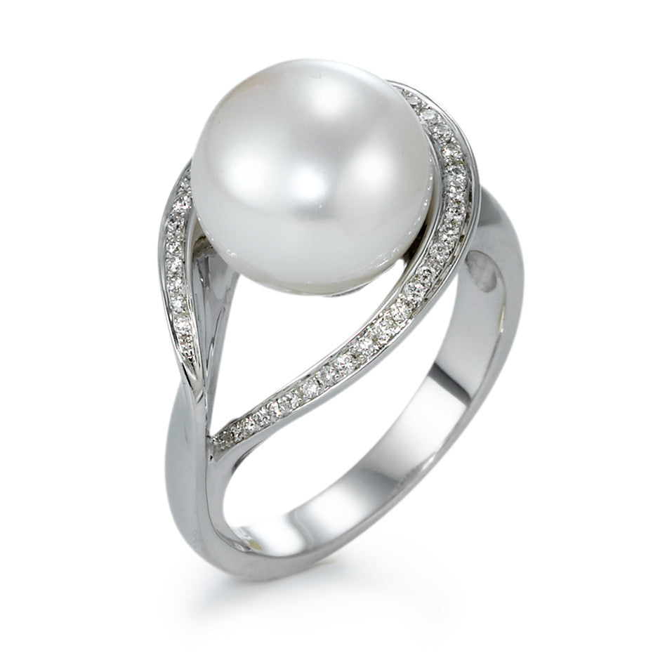 Bague Or blanc 18K Diamant 0.13 ct, 40 Pierres, w-si perle d'eau douce blanc, 11 mm