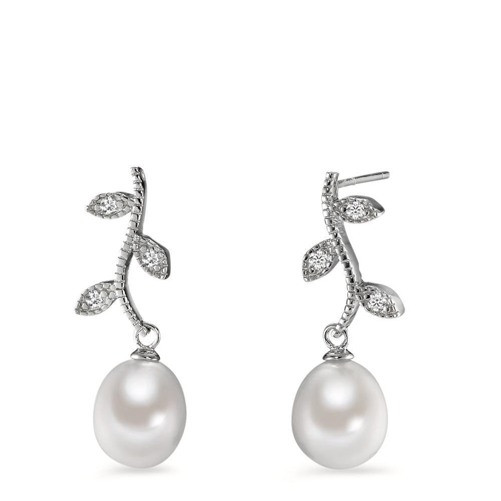 Pendant d'oreilles Argent Zircone 6 Pierres Rhodié perle d'eau douce, 8.5 mm