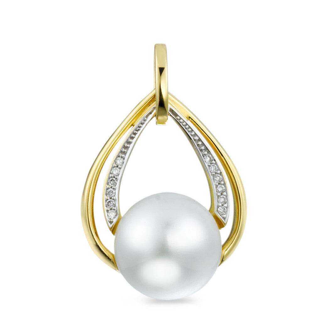 Pendentif Or jaune 18K Diamant 0.05 ct, 12 Pierres, brillant, w-si perle d'eau douce blanc, 10.5 mm