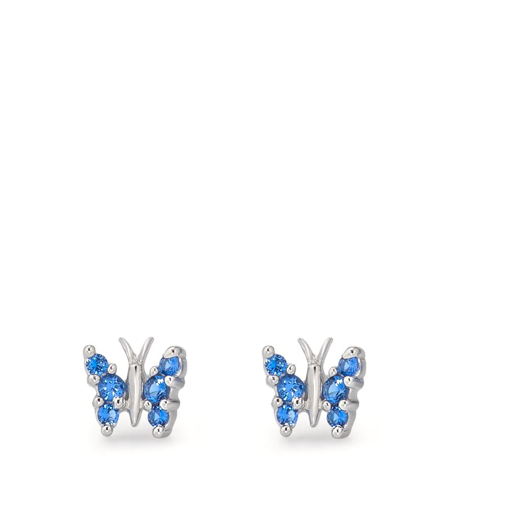 Clous d'oreilles Argent Zircone bleu, 6 Pierres Rhodié Papillon Ø6 mm