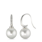 Pendant d'oreilles Or blanc 18K Diamant 0.14 ct, 14 Pierres, w-si perle de Tahiti blanc, 2 Perles, 10 mm