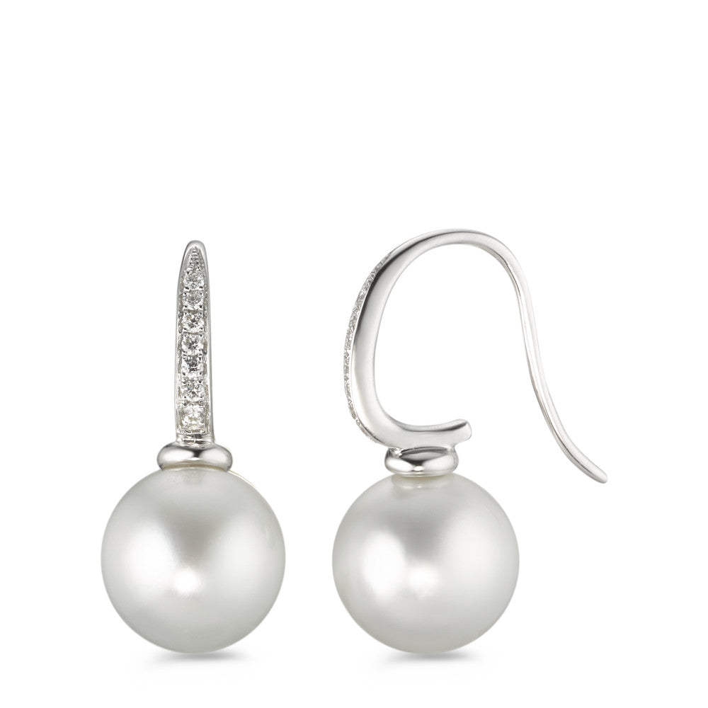 Pendant d'oreilles Or blanc 18K Diamant 0.14 ct, 14 Pierres, w-si perle de Tahiti blanc, 2 Perles, 10 mm