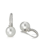 Pendant d'oreilles Or blanc 18K Diamant 0.14 ct, 14 Pierres, w-si perle de Tahiti blanc, 2 Perles, 10 mm