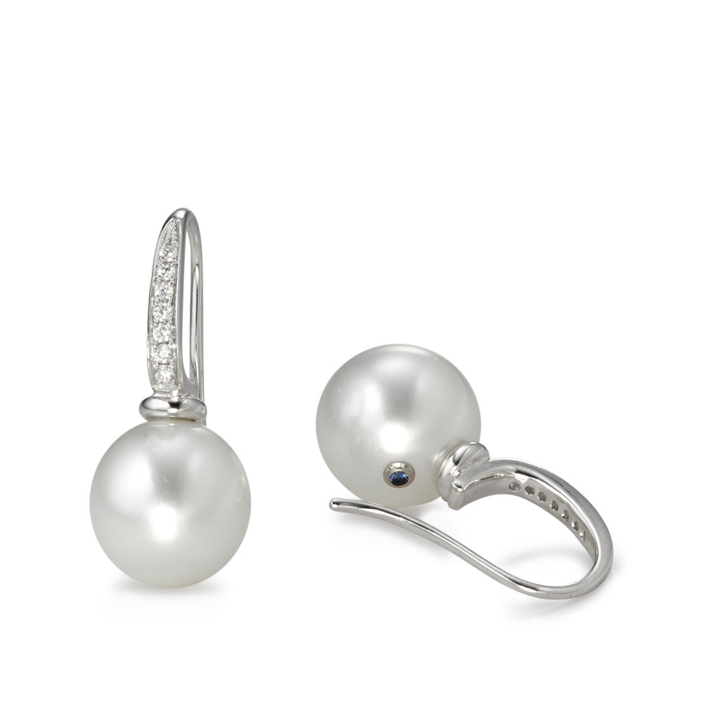 Pendant d'oreilles Or blanc 18K Diamant 0.14 ct, 14 Pierres, w-si perle de Tahiti blanc, 2 Perles, 10 mm
