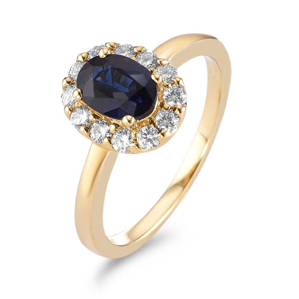 Bague Or jaune 18K Saphir 0.94 ct, Diamant 0.40 ct, 12 Pierres, brillant, w-si