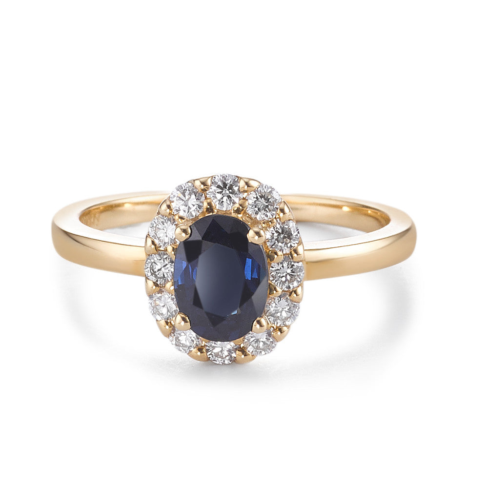 Bague Or jaune 18K Saphir 0.94 ct, Diamant 0.40 ct, 12 Pierres, brillant, w-si