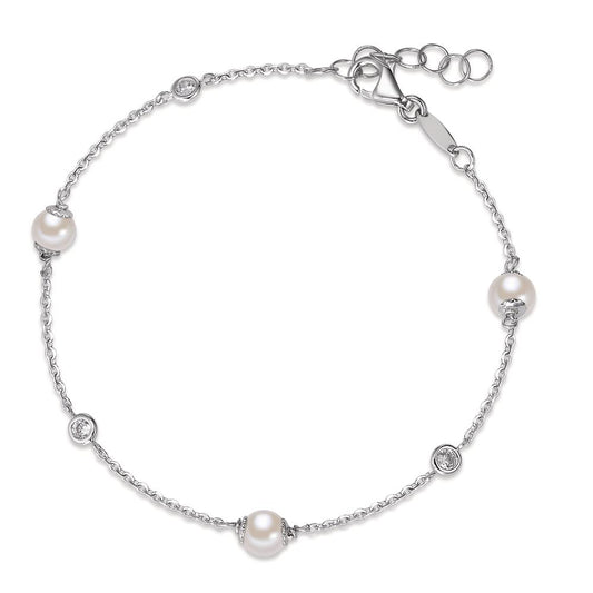 Bracelet Or blanc 750/18 K Zircone 3 Pierres perle d'eau douce 16-18 cm