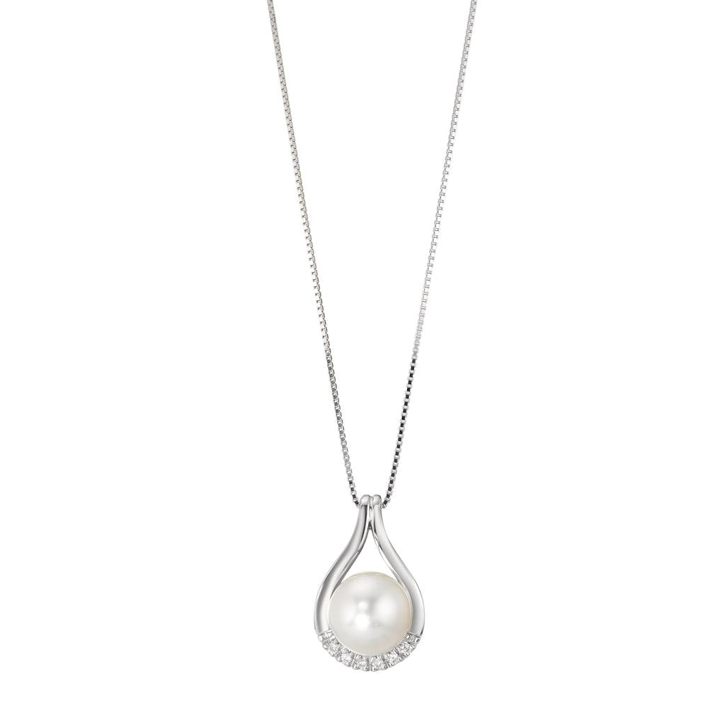 Collier Or blanc 750/18 K Diamant 0.03 ct, 7 Pierres, w-si perle d'eau douce 42 cm
