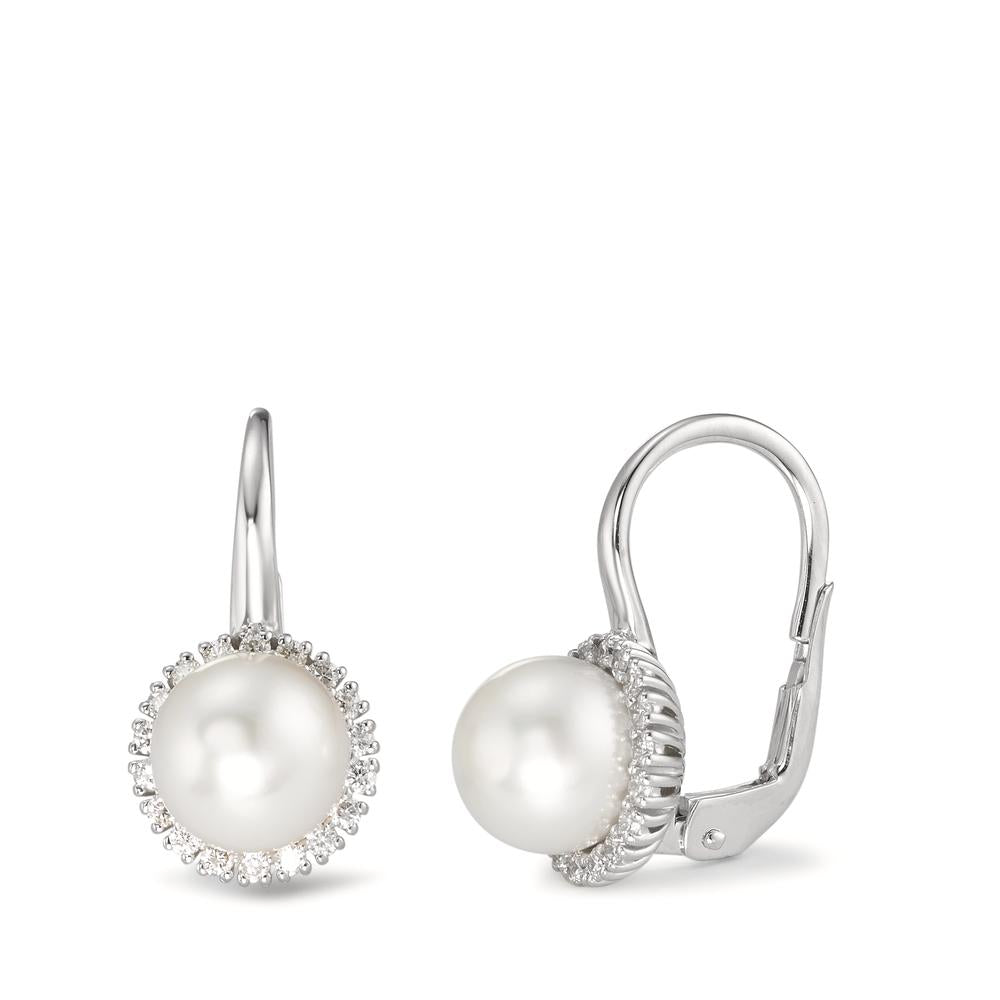 Pendant d'oreilles Or blanc 18K Diamant 0.36 ct, w-si perle d'eau douce blanc, 8 mm